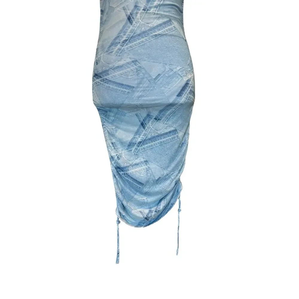 Good American Denim Print Stretch Midi Dress Ruched Coquette Size 1 - Picture 9 of 15